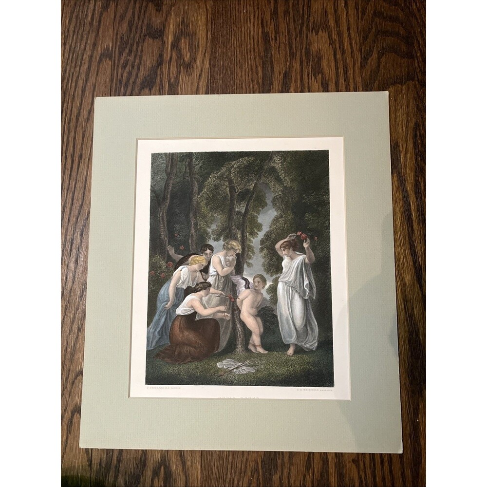 Old Antique Print English Art Cupid Bound Love Goddesses T. Stothard Hand Tinted